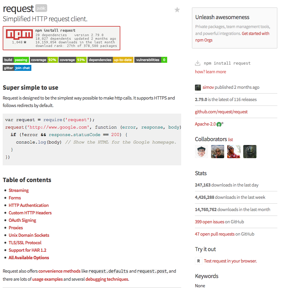 request on npmjs, missing keywords